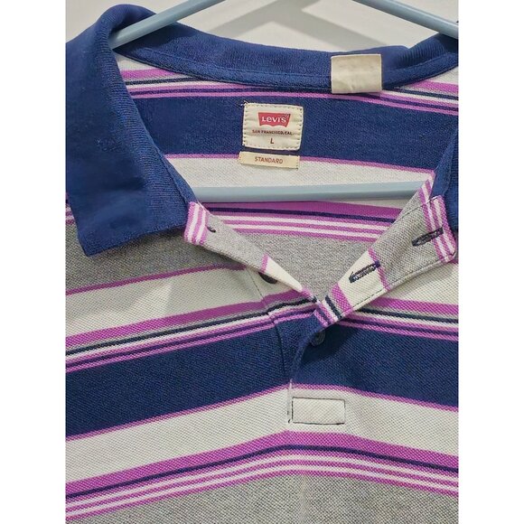 Levis Mens Striped Polo Shirt With Navy Collar Size L - Picture 2 of 15